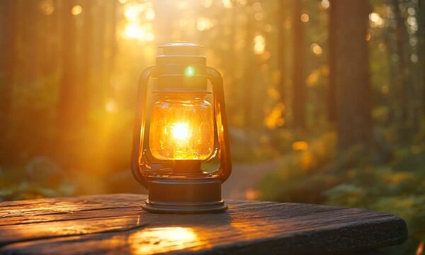 lantern on a table with a forest background