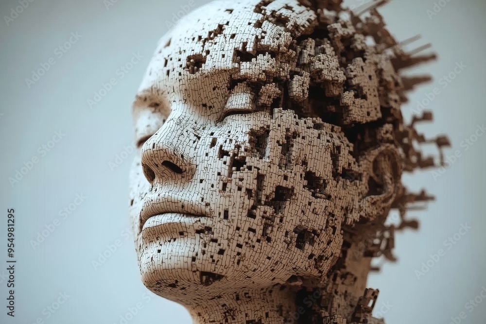 Poster vascular dementia conscious abstract sculpture of a fragmented human face with visible brain pattern