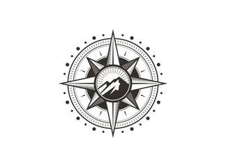Vintage retro compass and mountain design concept. Compass logo emblem vector illustration outdoor expedition adventure