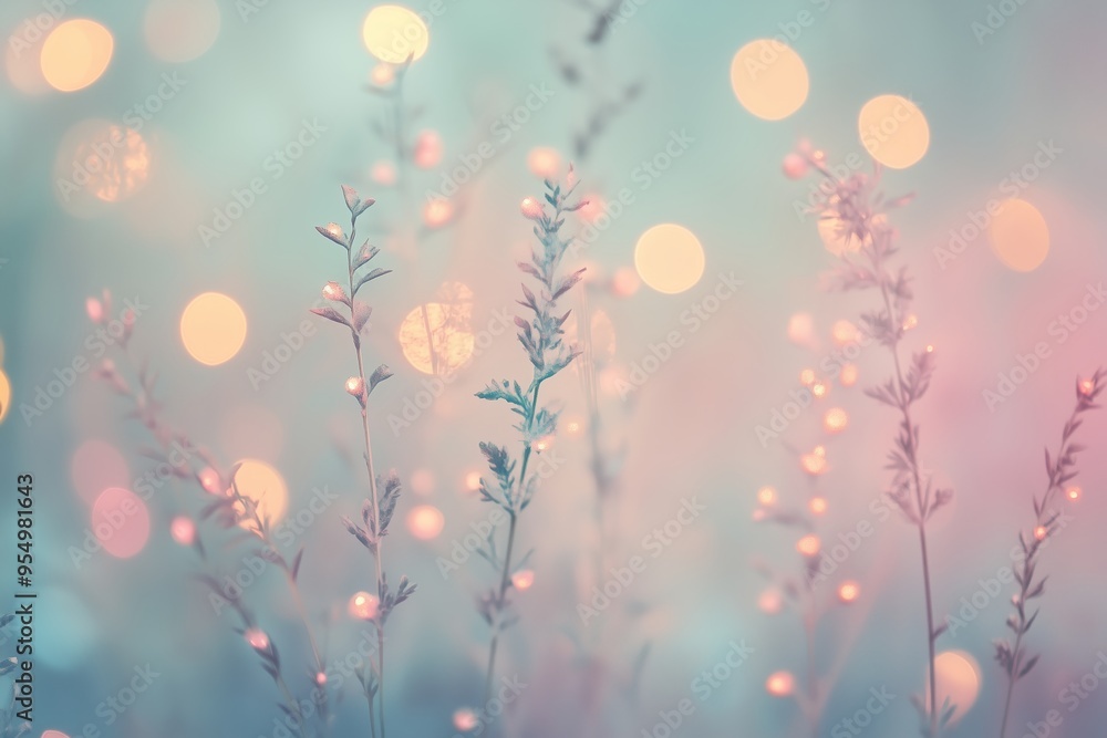 Poster delicate flowers basking in soft pastel light with illuminated bokeh during twilight in a serene nat