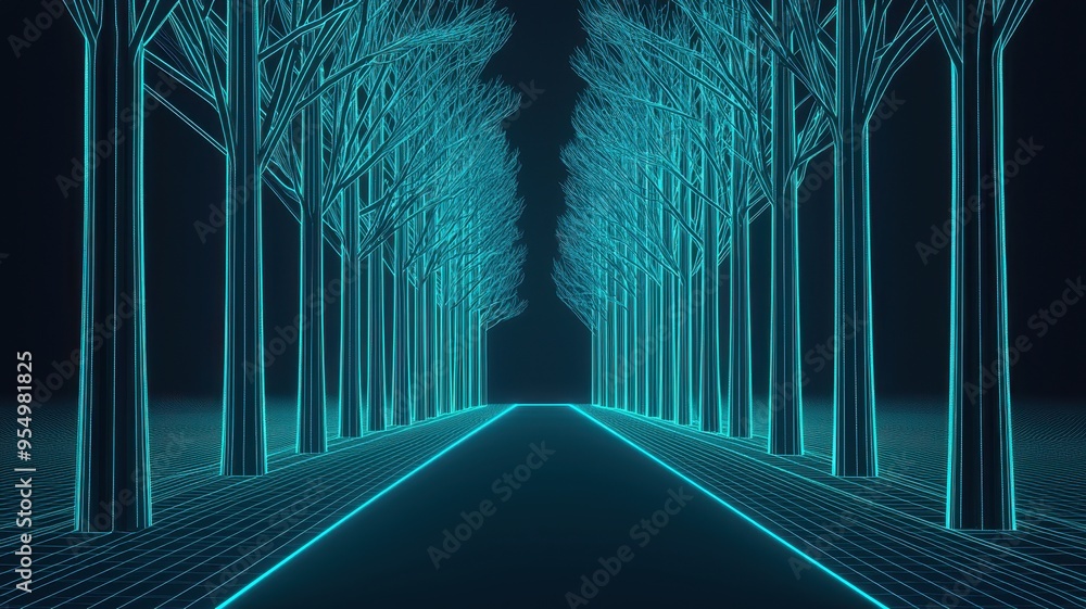 Poster a futuristic path lined with glowing trees, creating a captivating digital landscape that invites ex