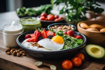 Close up of a protein breakfast in kitchen