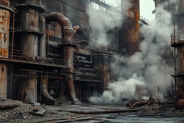 Industrial Landscape with Smoke and Rusty Structures