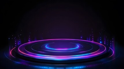 Obraz premium Technology blue and purple circle light stage on black background