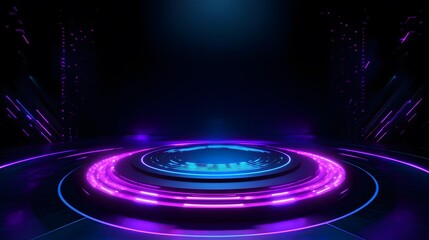 Obraz premium Technology blue and purple circle light stage on black background