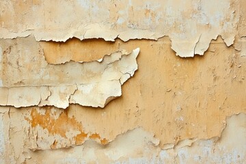 Close-up of weathered, peeling paint on a textured wall, showcasing layers of beige and cream tones...