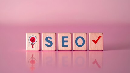 Colorful blocks spell out SEO, symbolizing marketing strategy, optimization techniques, and digital branding on a pink background.