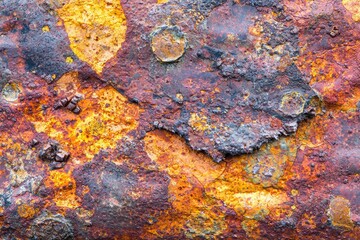 A close-up view of rusted metal showing intricate patterns and vibrant colors of corrosion. Ideal for industrial and abstract themes.