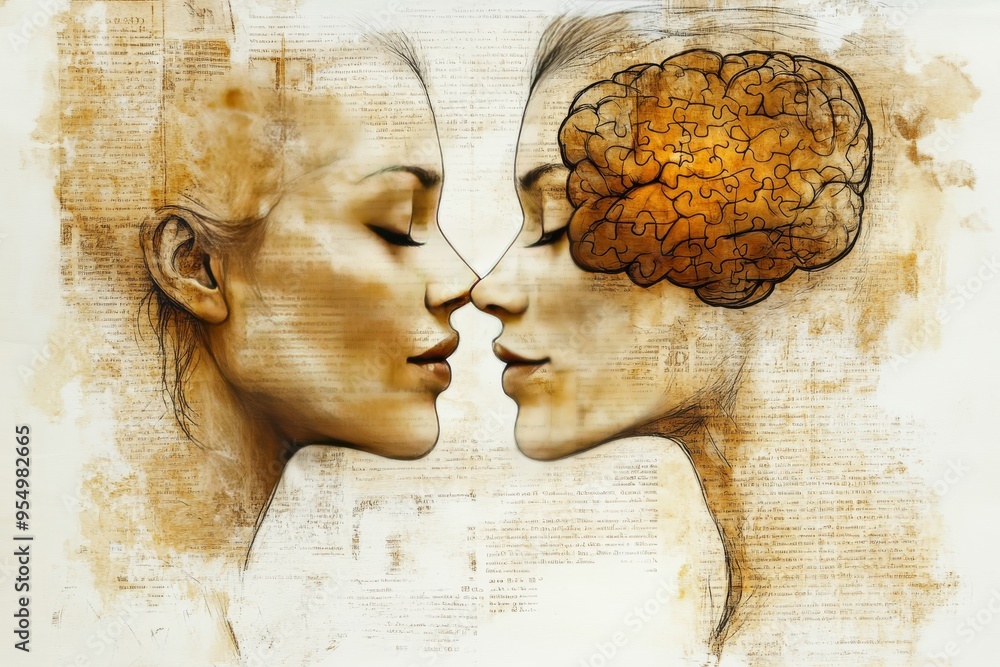 Poster cte conscious artistic sculpture of two faces with brain patterns symbolizing the deep intellectual 