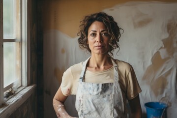 Fototapeta premium Portrait of a middle aged Hispanic female home renovation worker in overalls