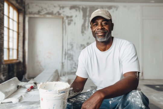 Portrait of a middle aged African American male home renovation worker in overalls