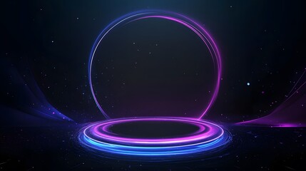 Obraz premium Technology blue and purple circle light stage on black background