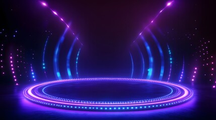 Technology blue and purple circle light stage on black background
