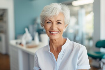 Fototapeta premium Portrait of a white American senior woman at dentist office