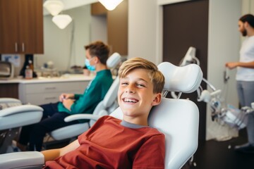Obraz premium Portrait of a young american boy at dentist office