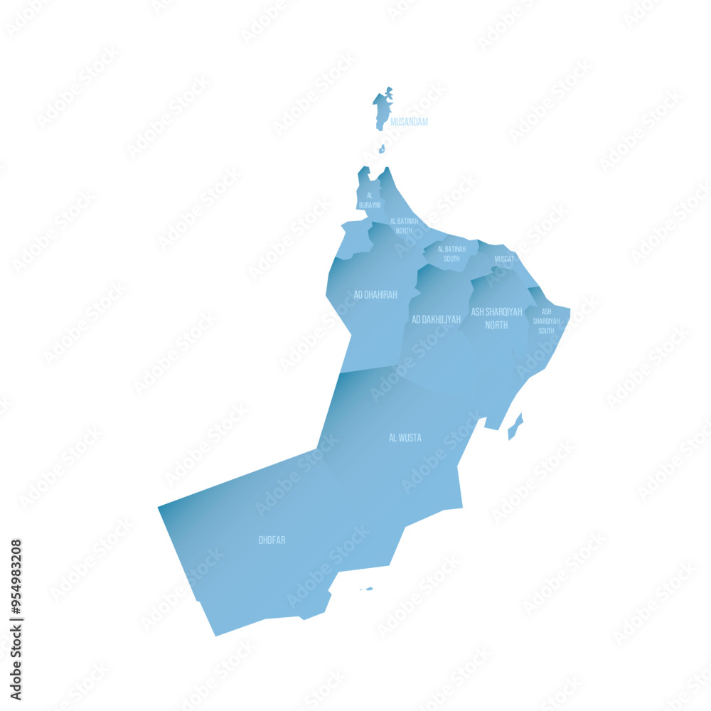 Poster oman political map of administrative divisions - governorates. shaded vector map with 3d-like blue g