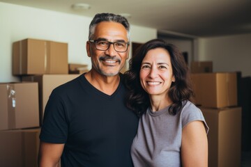 Fototapeta premium Portrait of a smiling middle aged Hispanic couple in home with moving boxes