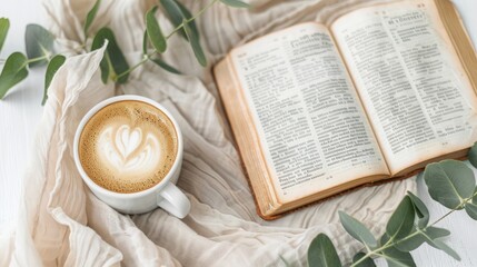 A cup of coffee and a open bible reading