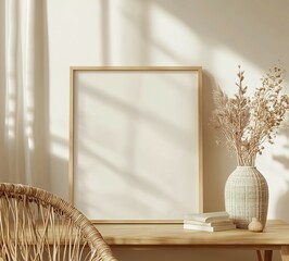 Empty Frame on Wooden Table with Dried Flowers and Books