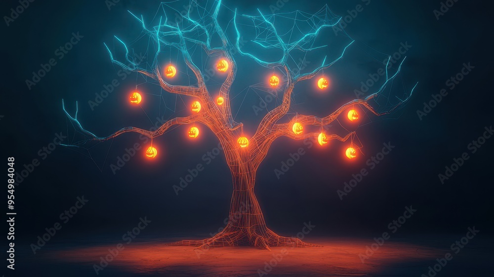 Poster a mystical illuminated tree featuring glowing spheres, creating an enchanting atmosphere with vibran