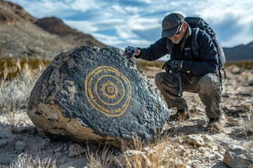 An explorer in a vast desert uncovers a mysterious symbol on a sandstone boulder
