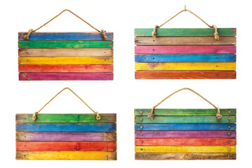 Set of colorful wooden sign hanging from rope png
