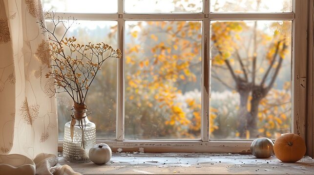 Autumn window view with tree background