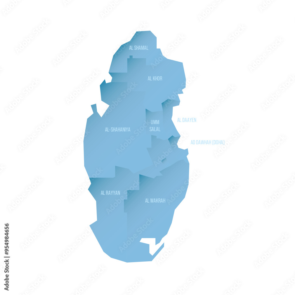 Wall mural qatar political map of administrative divisions - municipalities. shaded vector map with 3d-like blu