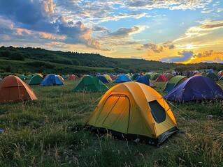 A field with colorful tents where programmers gather for a weekend coding retreat