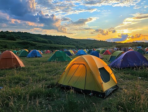 A field with colorful tents where programmers gather for a weekend coding retreat