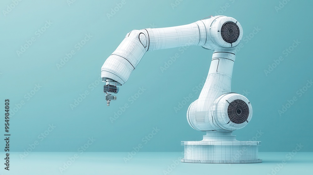 Poster a sleek robotic arm poised for precision tasks in a modern industrial setting, showcasing advanced a