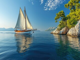 Fototapeta premium A picturesque Dalmatian coast cutter sails on azure waters under a clear sky