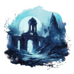 Ruined Stone Archway in a Bleak, Moonlit Landscape