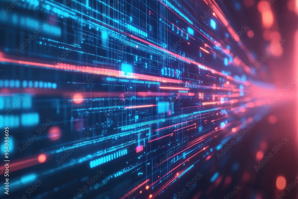 Poster vibrant digital background featuring glowing lines and data streams in blue and red, representing te