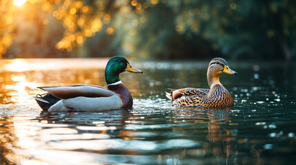 Obraz premium Male and Female Mallard Ducks Swimming Together in Serene Lake at Sunset, Capturing Tranquil Nature and Reflections on Water