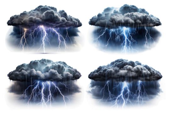Set of dark rainy stormy cloud with lightning and rain png
