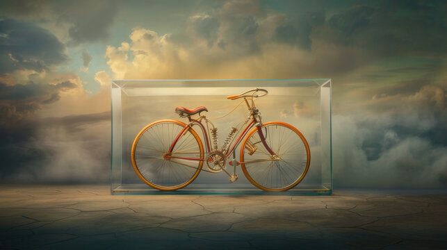 Vintage Bicycle in Glass Case Under Cloudy Sky