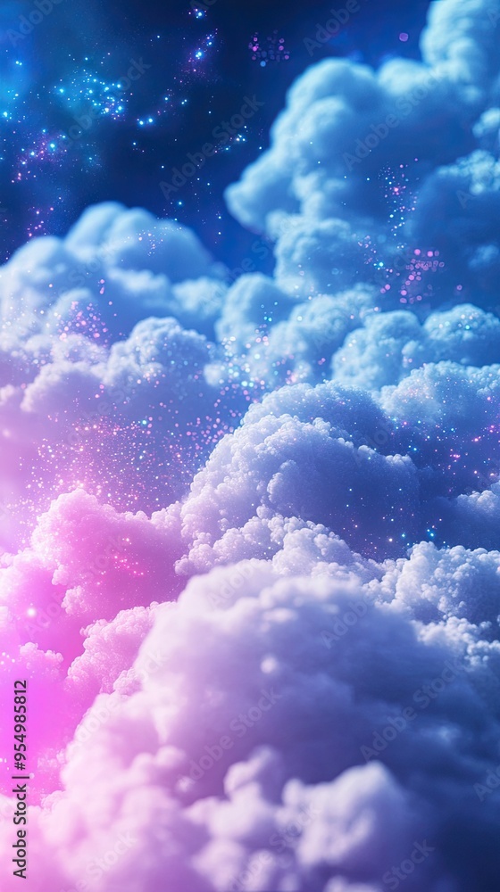 Poster a mesmerizing view of colorful clouds illuminated by ethereal light, creating a dreamlike atmosphere