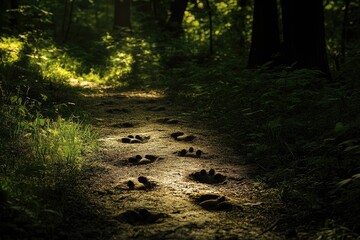 A serene forest path illuminated by sunlight, featuring distinct animal tracks on the ground, surrounded by lush greenery.