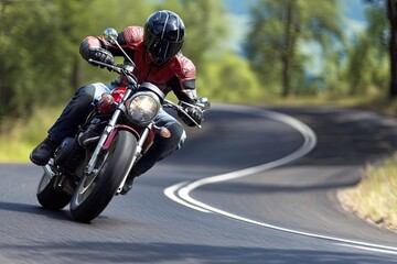 Obraz premium A rider speeds around a curving road on a sleek motorcycle, showcasing freedom and adventure in the open landscape.