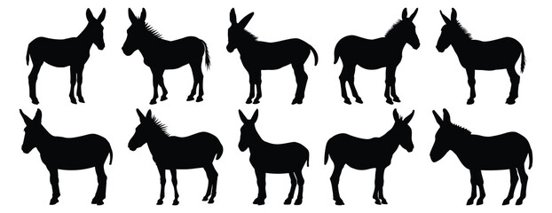 Donkey silhouettes set, animal pack of vector silhouette design, isolated background