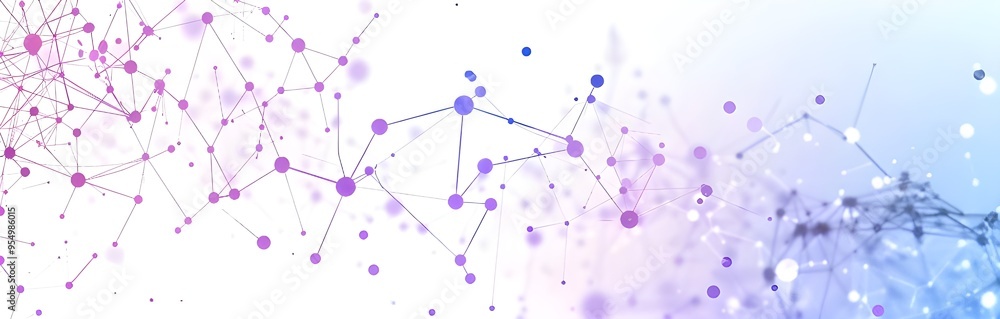 Poster white background, gradient from blue to purple, simple line art of network dots with some connection