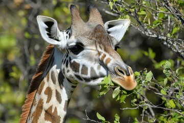 Obraz premium Close-up of a Giraffe's Head Eating Leaves
