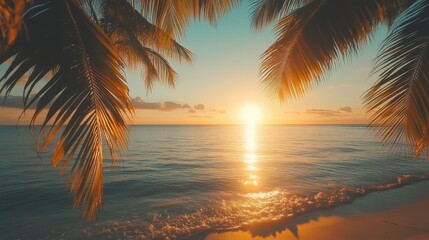 Fototapeta premium Golden sun sets over tranquil waters, casting reflections on the beach while palm trees sway gently in the warm evening breeze