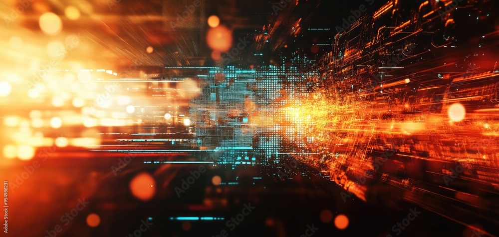 Poster dynamic visual of abstract light trails representing speed, technology, and innovation in a digital 