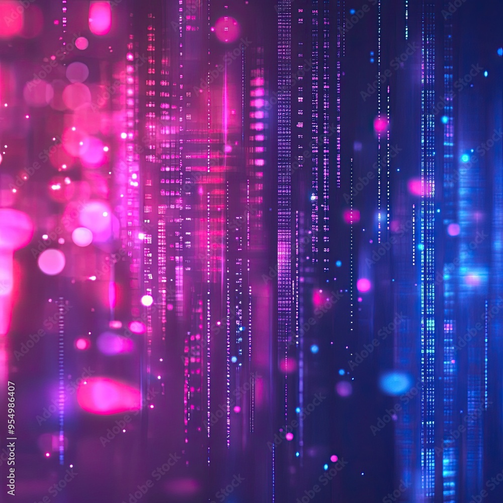Poster vibrant abstract background featuring colorful bokeh lights and digital patterns, perfect for techno