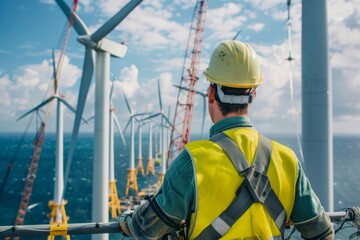 A construction worker is part of a team building wind turbines at sea to harness wind energy