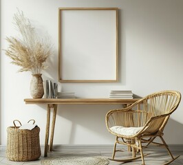 Minimalist Living Room Decor with Wicker Rocking Chair and Wooden Console Table