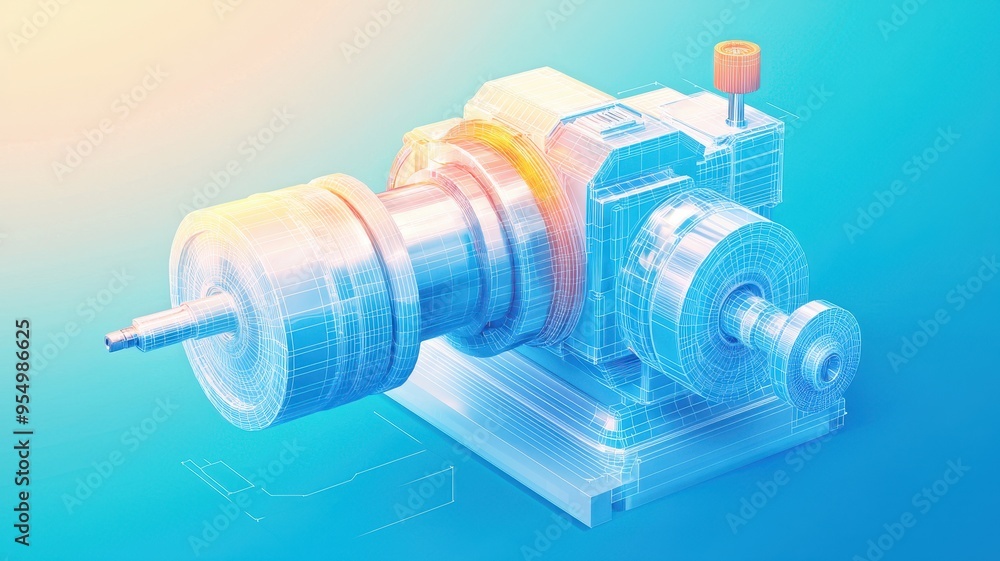 Poster a transparent 3d model of a modern machine part on a colorful gradient background, showcasing engine