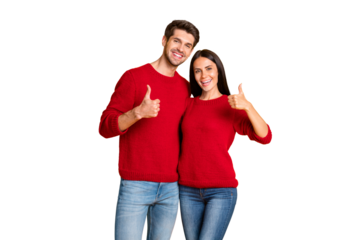 Portrait of lovely spouses show thumb up recommend ads wear red jumper denim jeans isolated over yellow background